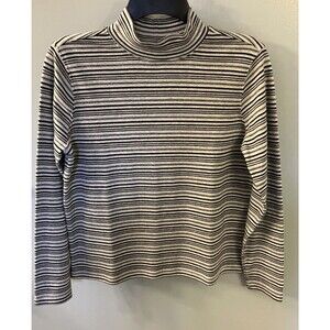Studio Works Petite Sparkle Mock Turtleneck Black/Grey/White Striped Top Size PS